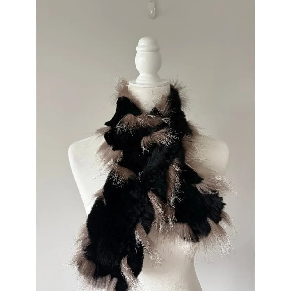 Genuine Rex Rabbit Fur Pull Through Scarf Fox Fur Trim Black Winter Wrap 36